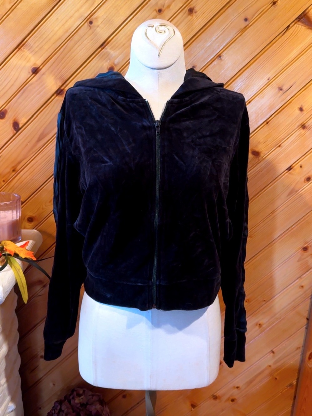 Joe’s Jeans Black Velour Full Zip Hoodie Satin Stripe XS 2010s Y2K